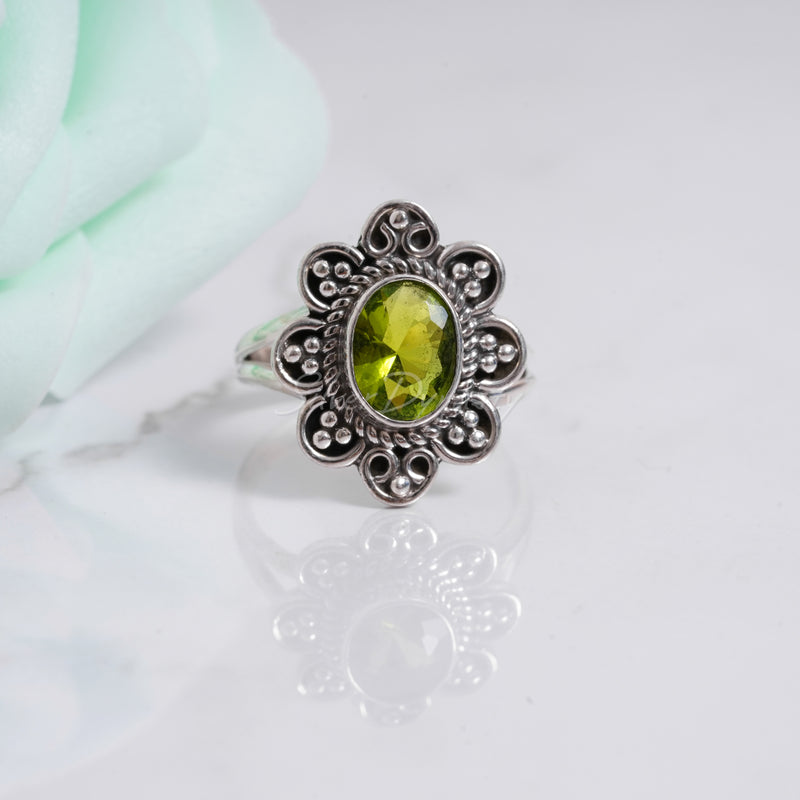 'Flower' Peridot 925 Solid Sterling Silver Ring, Peridot Ring