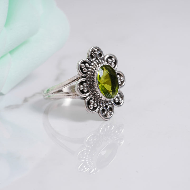 'Flower' Peridot 925 Solid Sterling Silver Ring, Peridot Ring