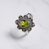 'Flower' Peridot 925 Solid Sterling Silver Ring, Peridot Ring