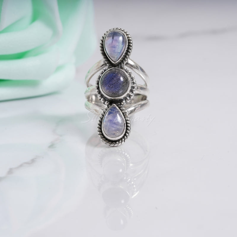 Rainbow Moonstone & Labradorite 925 Solid Sterling Silver Ring