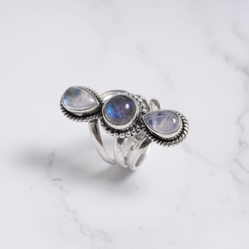 Rainbow Moonstone & Labradorite 925 Solid Sterling Silver Ring