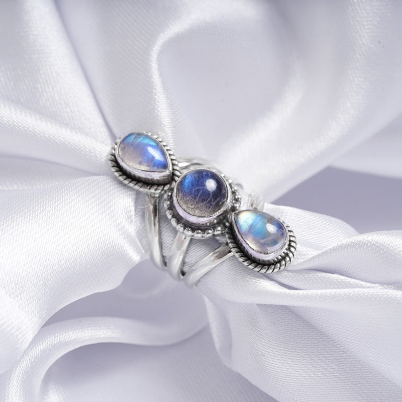 Rainbow Moonstone & Labradorite 925 Solid Sterling Silver Ring