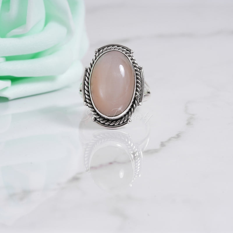 'Boho' Pink Moonstone 925 Solid Sterling Silver Ring