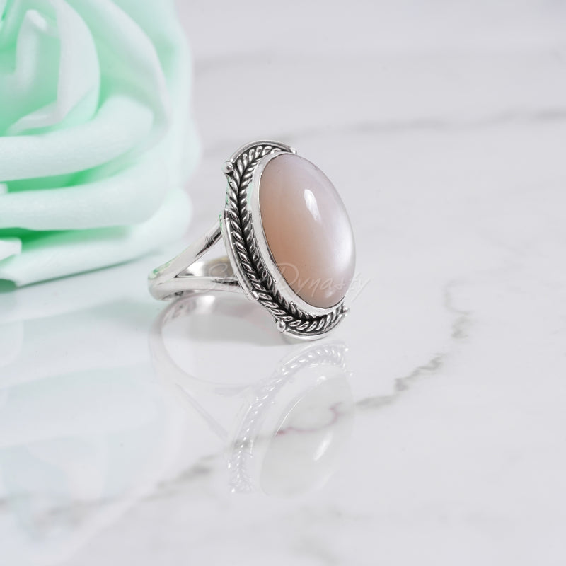 'Boho' Pink Moonstone 925 Solid Sterling Silver Ring