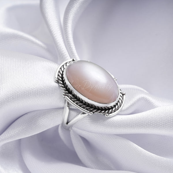 'Boho' Pink Moonstone 925 Solid Sterling Silver Ring