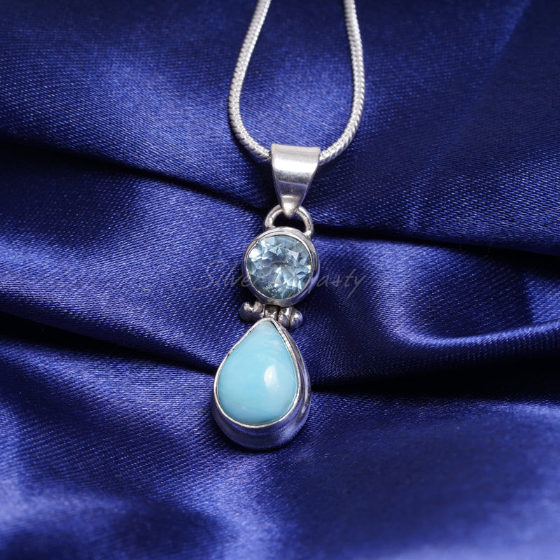 Blue Topaz &  Chacedony Pendant, 925 Solid Sterling Silver Pendant