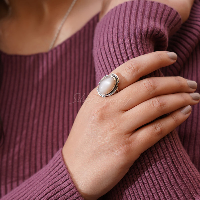 'Boho' Pink Moonstone 925 Solid Sterling Silver Ring